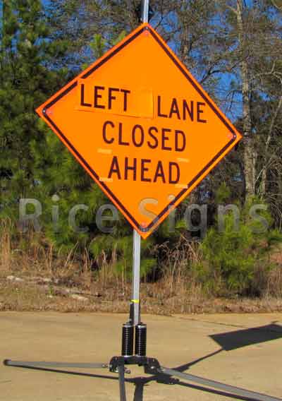 Right Lane Closed Ahead roll-up sign with Left Overlay