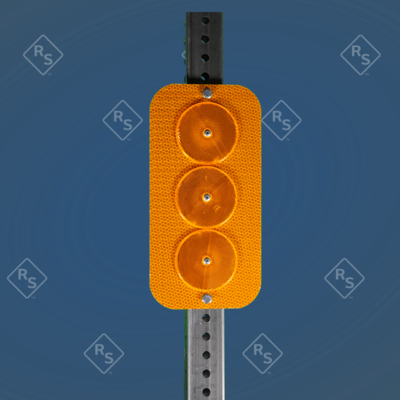 A 360 degree view of a yellow 3 button object marker that has strong plastic reflectors