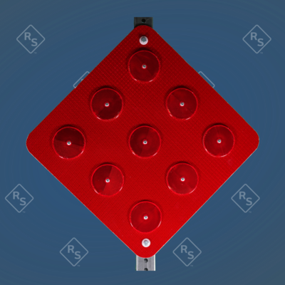A 360 degree view of a Object Marker that is red in color and has 9 very bright reflectors