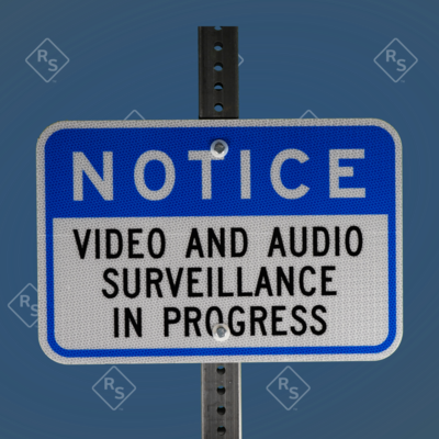 A 360 degree view of a sign that informs prople they are being recorded