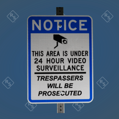 A 360 degree view of a Notice sign that warns people they are being recorded.
