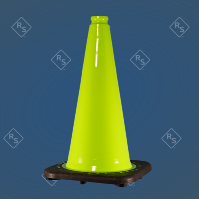 A 360 degree view of a lime green 18 inch cone with single 6 inch reflective collar