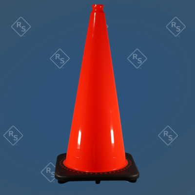 A 360 degree view of an 28 inch traffic cone that features an orange top and black bottom base