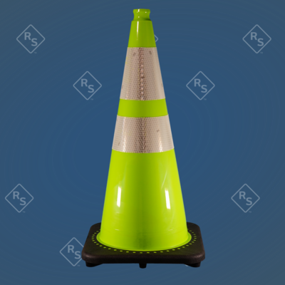 A 360 degree view of a lime green 28 inch cone with 2 reflective collars