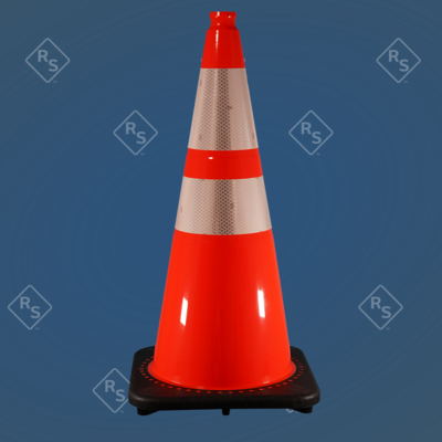 A 360 degree view of an 28 inch traffic cone that features an orange top and black bottom base.  This cone has 2 highly reflective collars