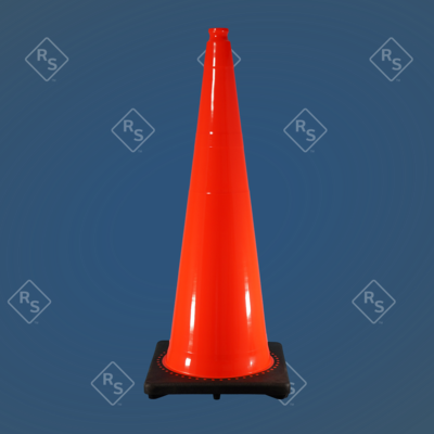 A 360 degree view of an 36 inch traffic cone that has an orange top and black bottom base.