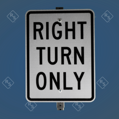 A 360 degree view a sign reads Right Turn Only featuring large black letters and a white background