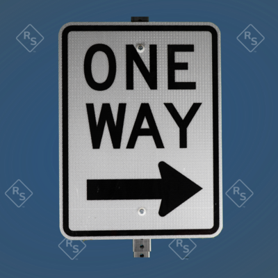 A 360 degree view a sign that has the words One Way in large black letters at the top and an arrow pointing to the right at the bottom