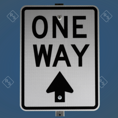 A 360 degree view of a One Way signs that has an arrow that point up.