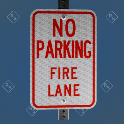 A 360 degree view of a no parking fire lane without an arrow