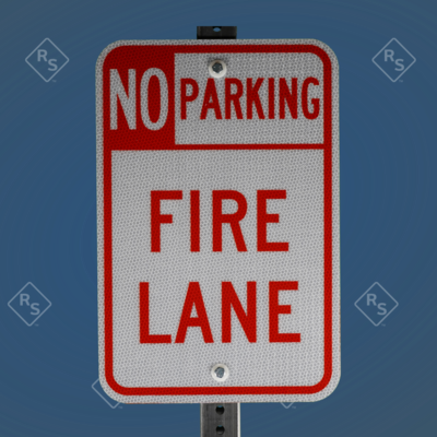 A 360 degree view of a sign that lets people know not to park in the fire lane