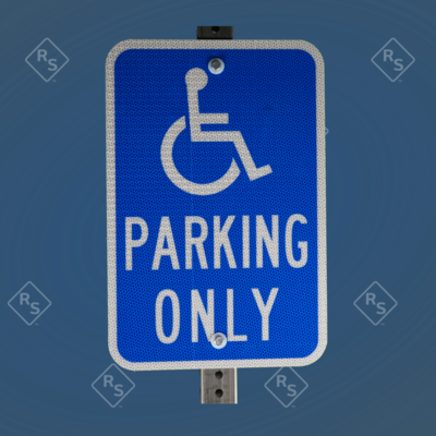 A 360 degree view of a handicap symbol parking only sign that is blue and white