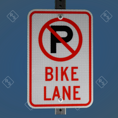 A 360 degree view of a no parking bike lane sign