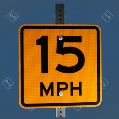 A 360 degree view of a yellow and black Speed Advisory sign that can be made with any speed.