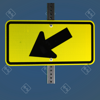 A 360 degree view of a fluorescent lime sign that shows an arrow that points down and to the left.