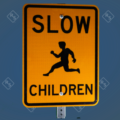 A 360 degree view of the W9-11 yellow and black sign that has the words Slow Children and symbol of a child