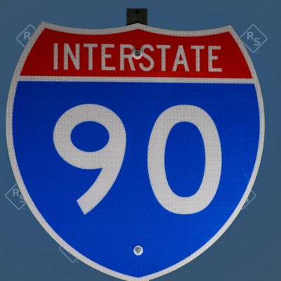 A 360 degree view of the Interstate 90 signs that shows where the holes are on the signs and how it can be properly attached to a post.