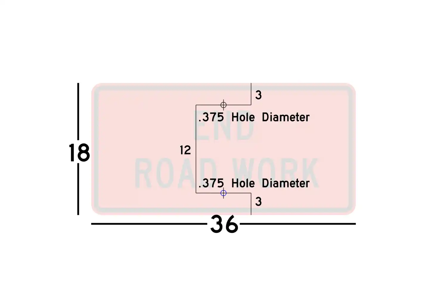 G20-2 36x18 sign showing predrilled mounting hole locations and spacing