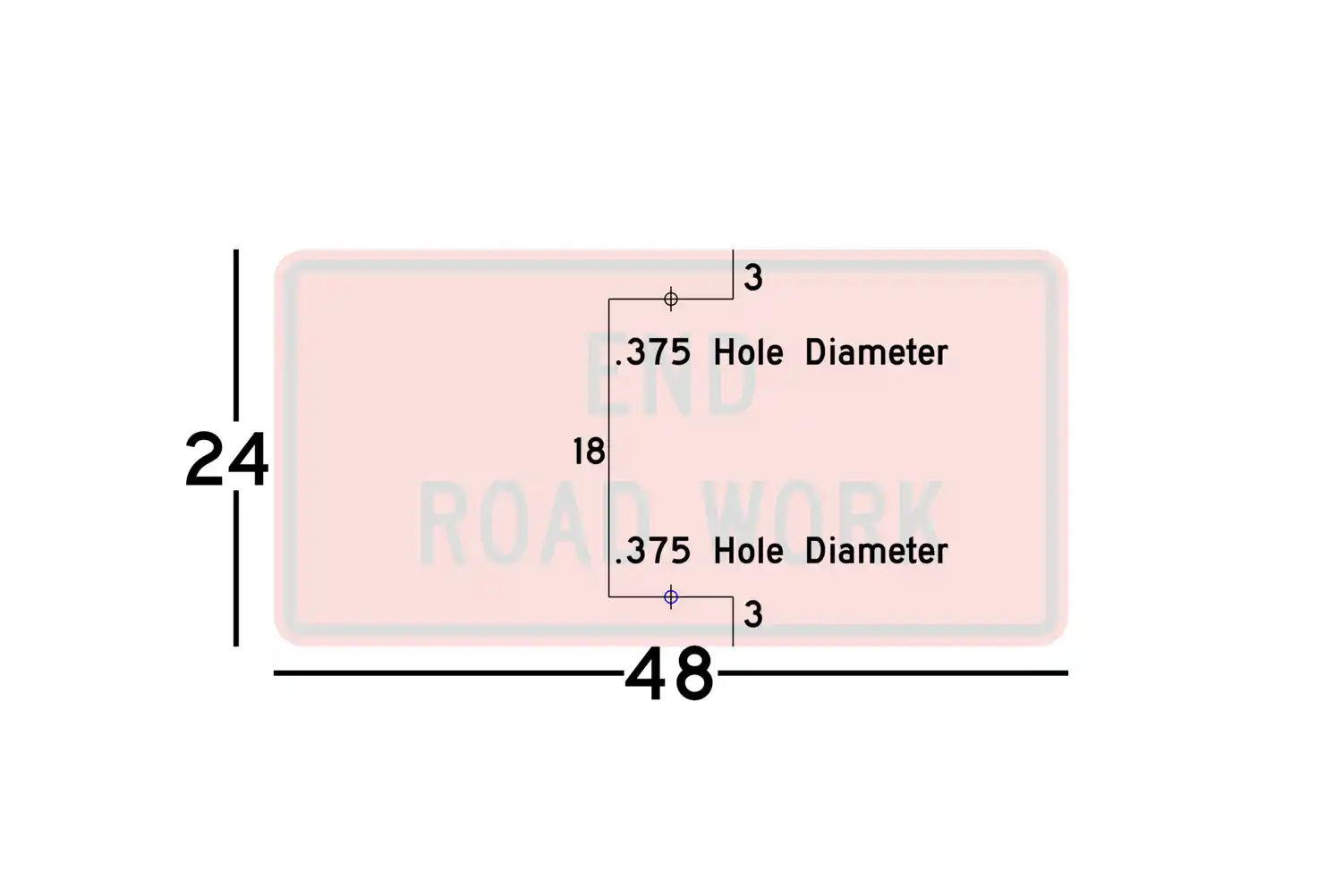 G20-2 48x24 sign showing predrilled mounting hole locations and spacing
