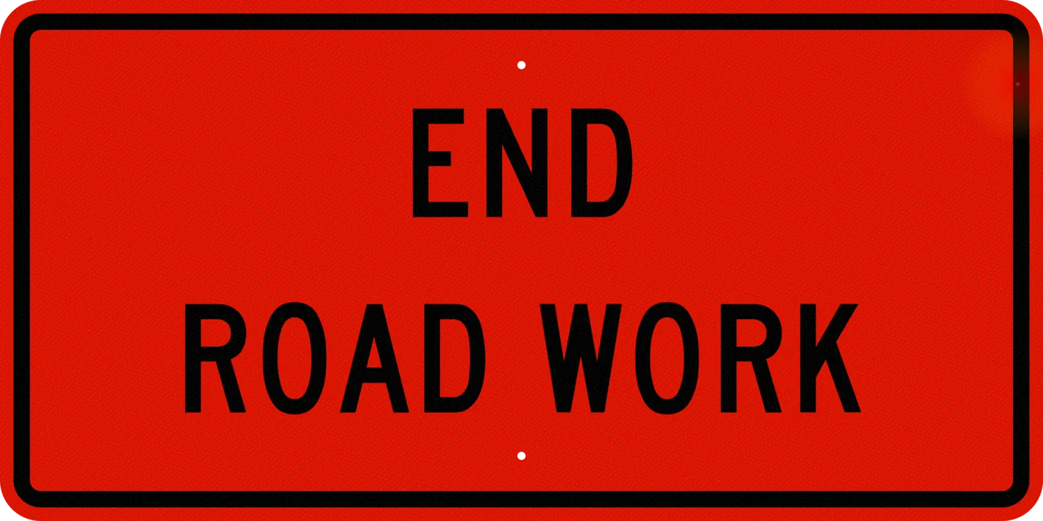 Straight view of a MUTCD G20-2 END ROAD WORK orange rectangle construction sign with black text and border