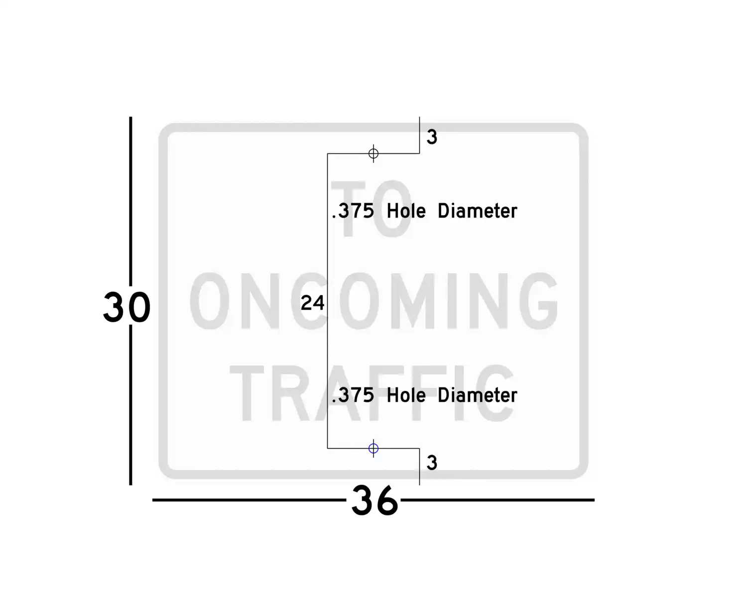 R1-2P 36x30 sign showing predrilled mounting hole locations and spacing