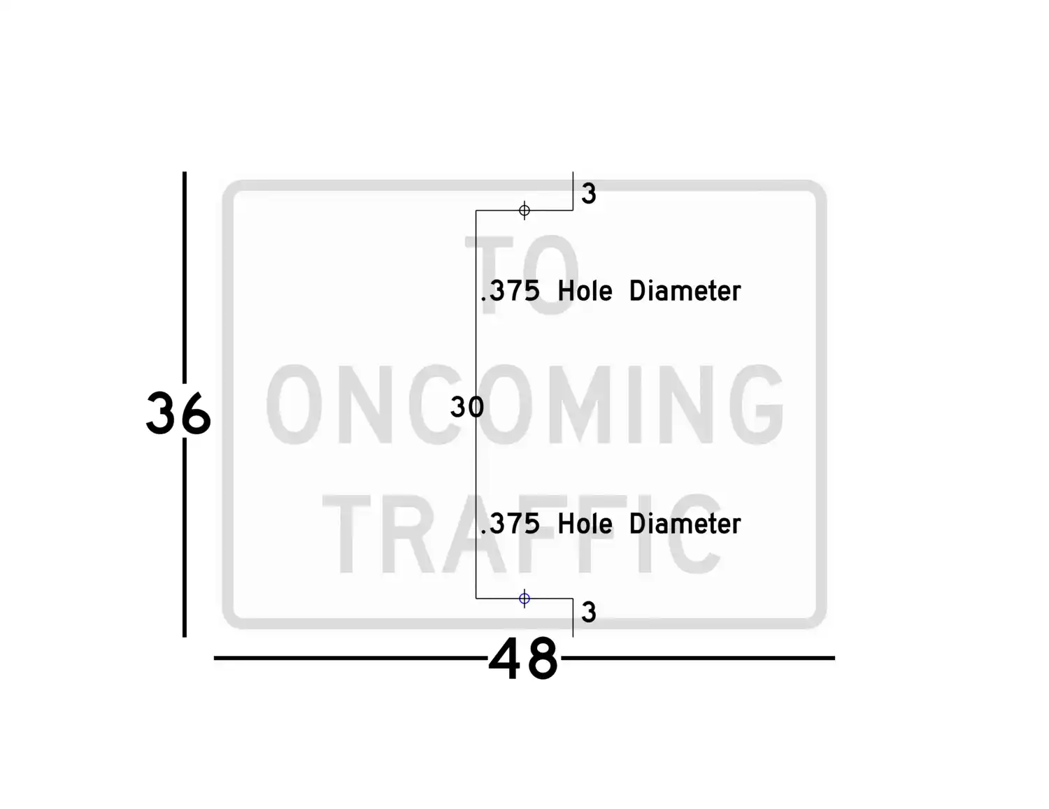 R1-2P 48x36 sign showing predrilled mounting hole locations and spacing