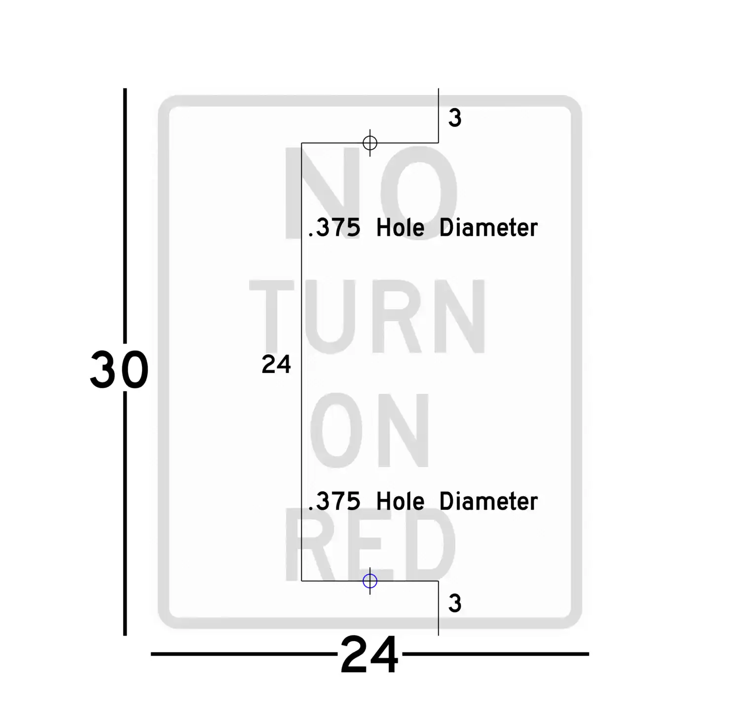 R10-11a 24x30 sign showing predrilled mounting hole locations and spacing
