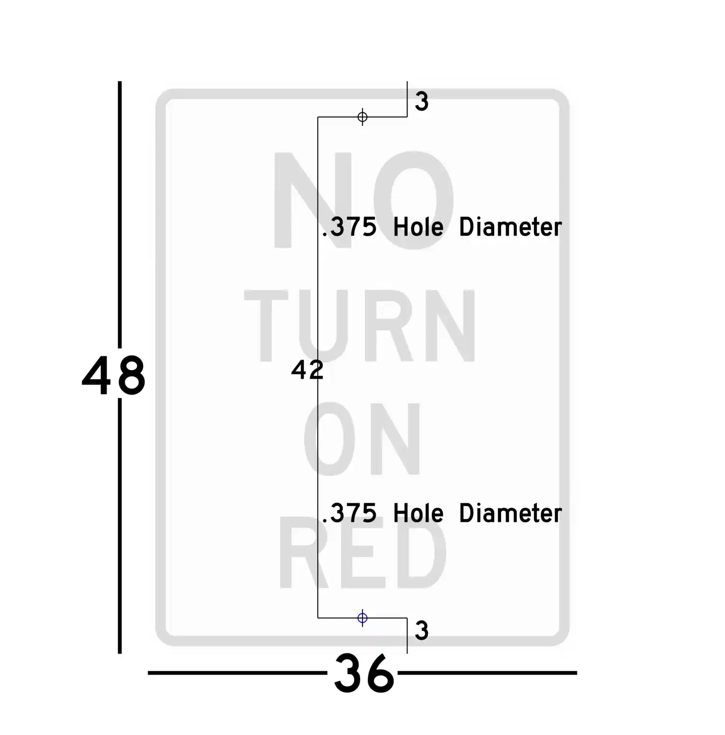 R10-11a 36x48 sign showing predrilled mounting hole locations and spacing