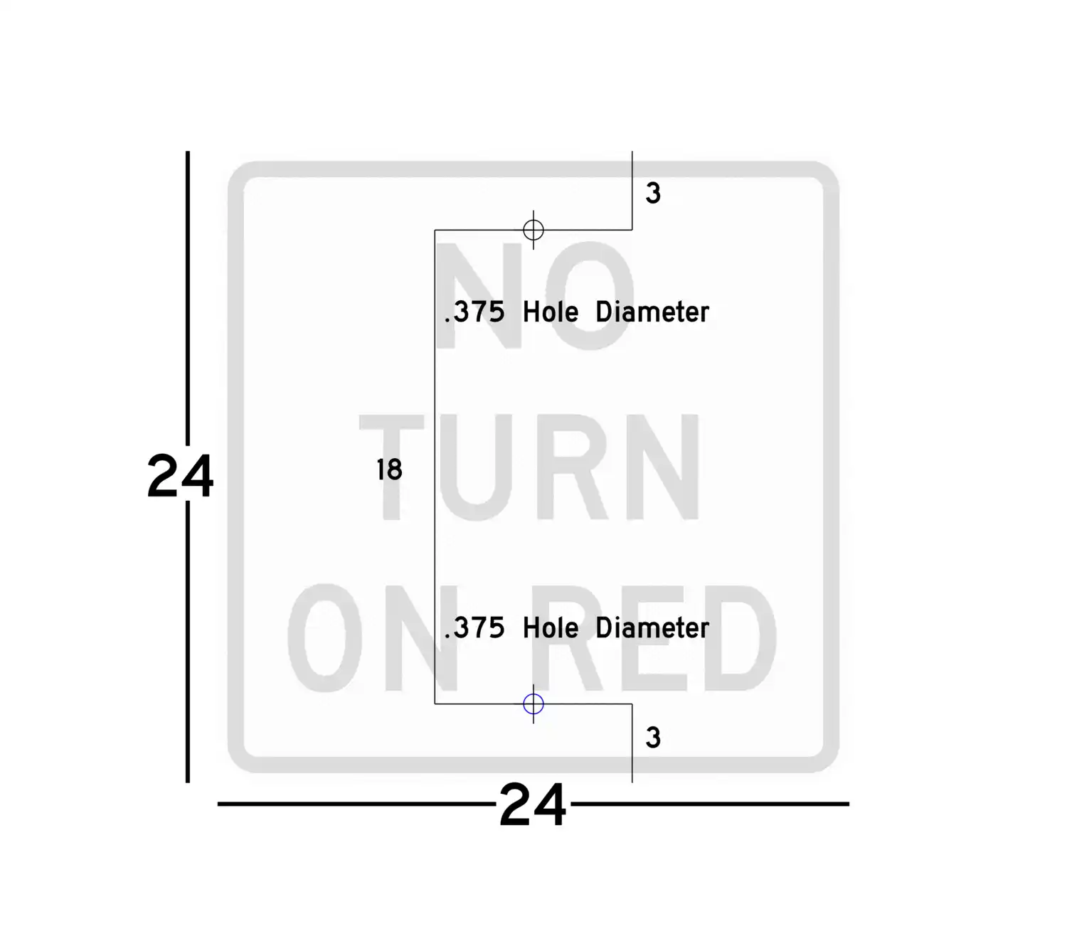 R10-11b 24x24 sign showing predrilled mounting hole locations and spacing