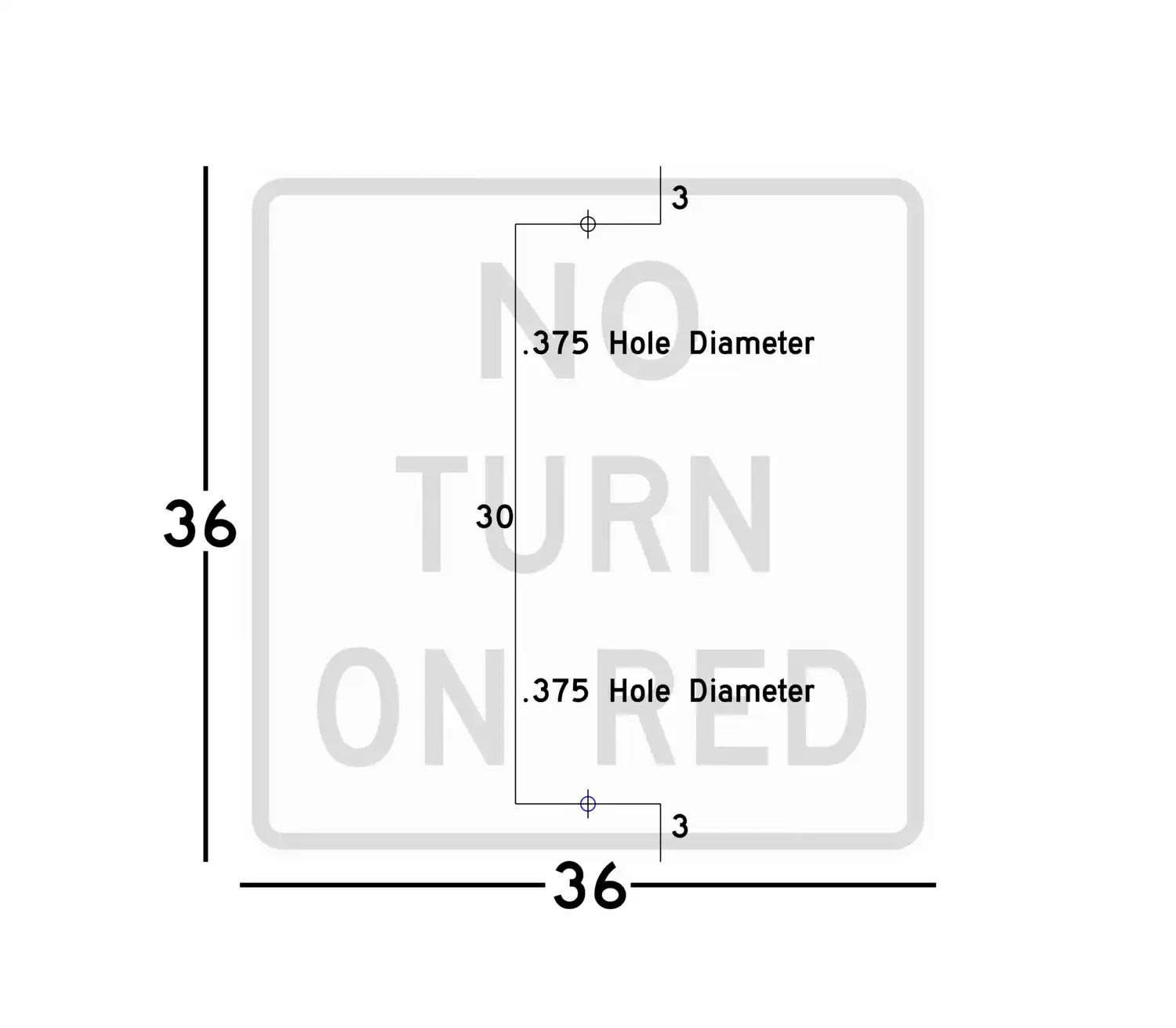 R10-11b 36x36 sign showing predrilled mounting hole locations and spacing