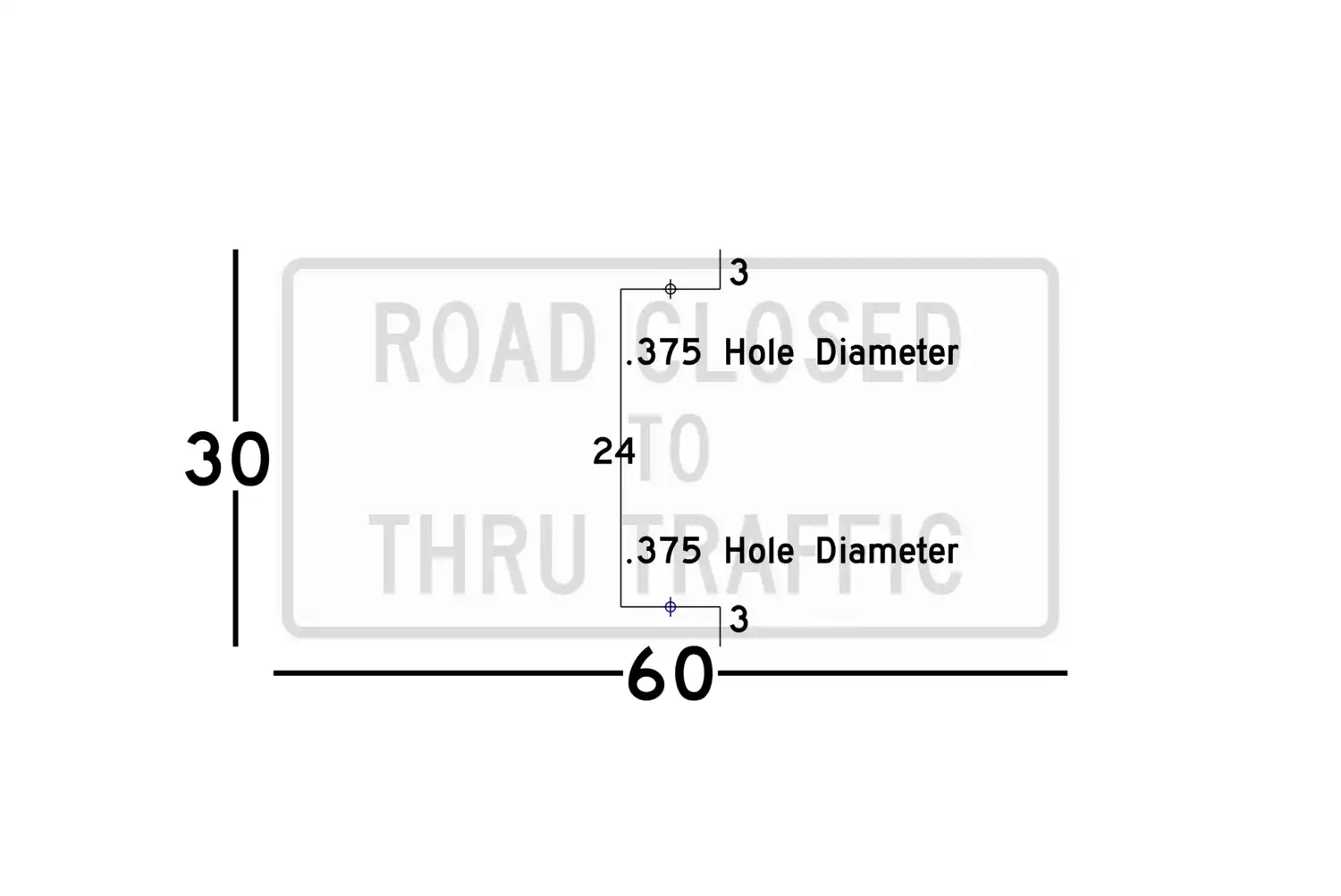 R11-4 60x30 sign showing predrilled mounting hole locations and spacing