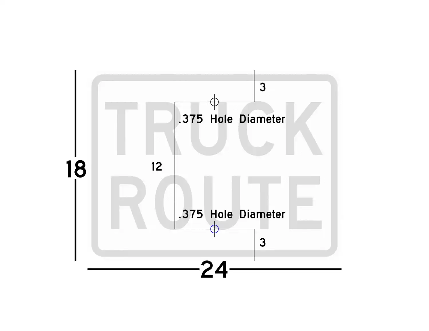 R14-1 24x18 sign showing predrilled mounting hole locations and spacing