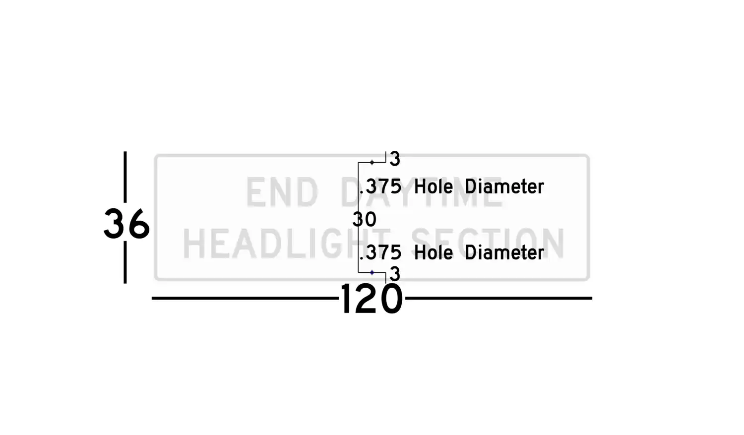 R16-11 120x36 sign showing predrilled mounting hole locations and spacing
