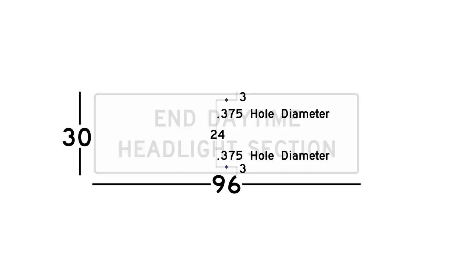 R16-11 96x30 sign showing predrilled mounting hole locations and spacing