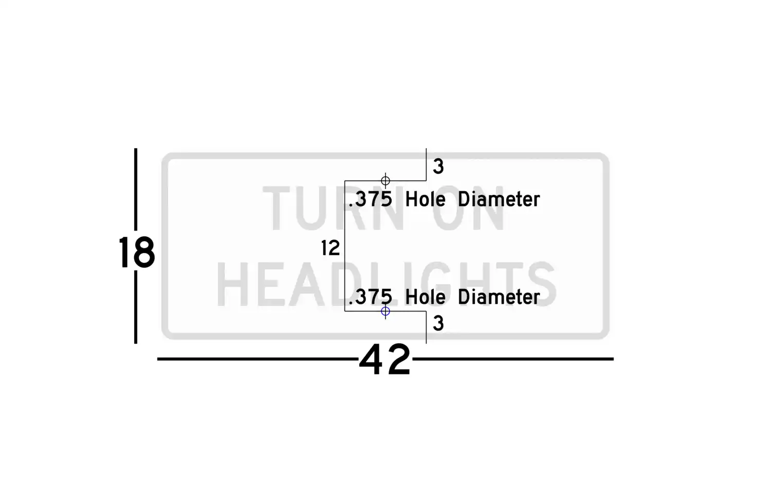 R16-8 42x18 sign showing predrilled mounting hole locations and spacing