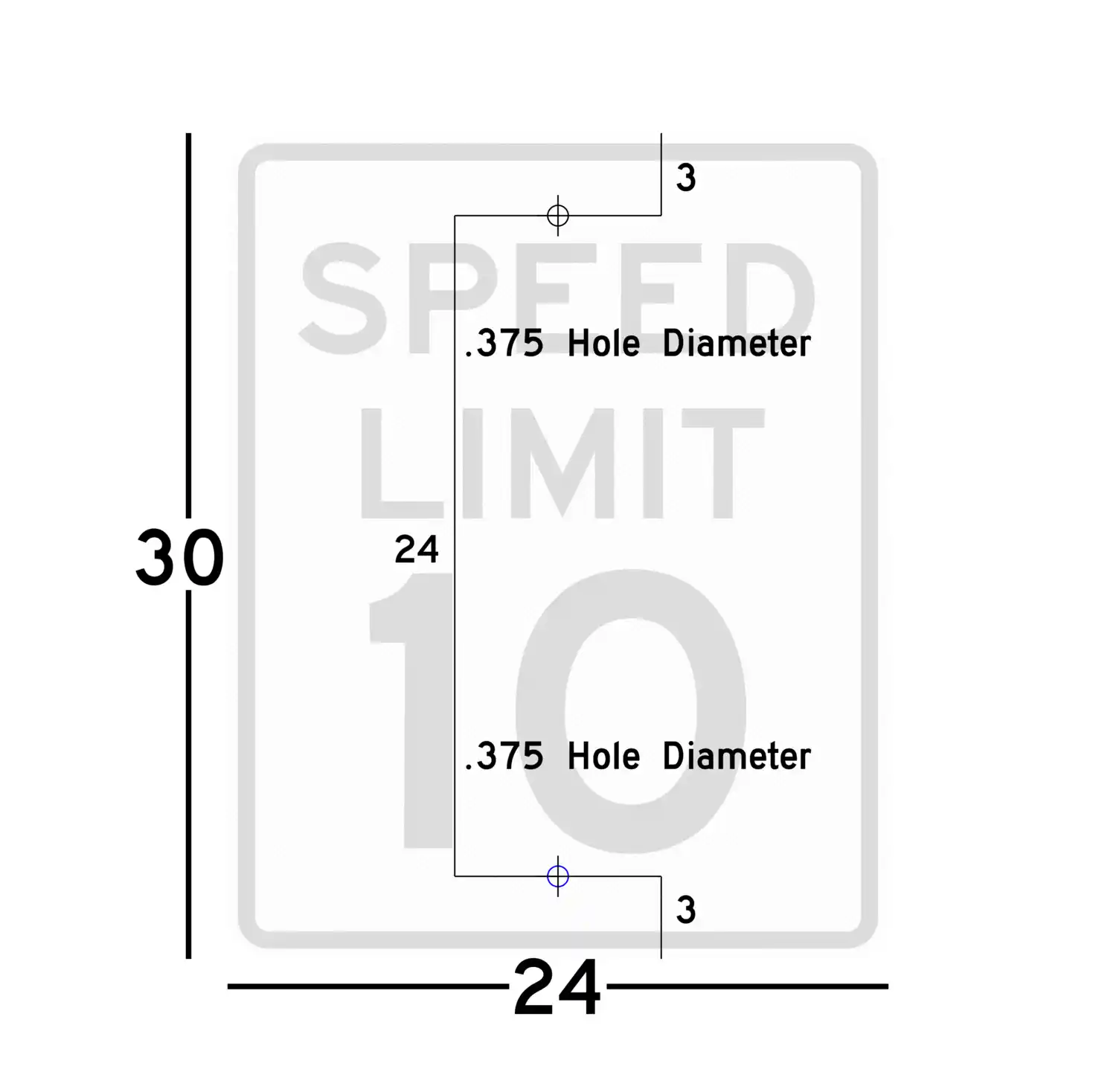 R2-1 24x30 sign showing predrilled mounting hole locations and spacing