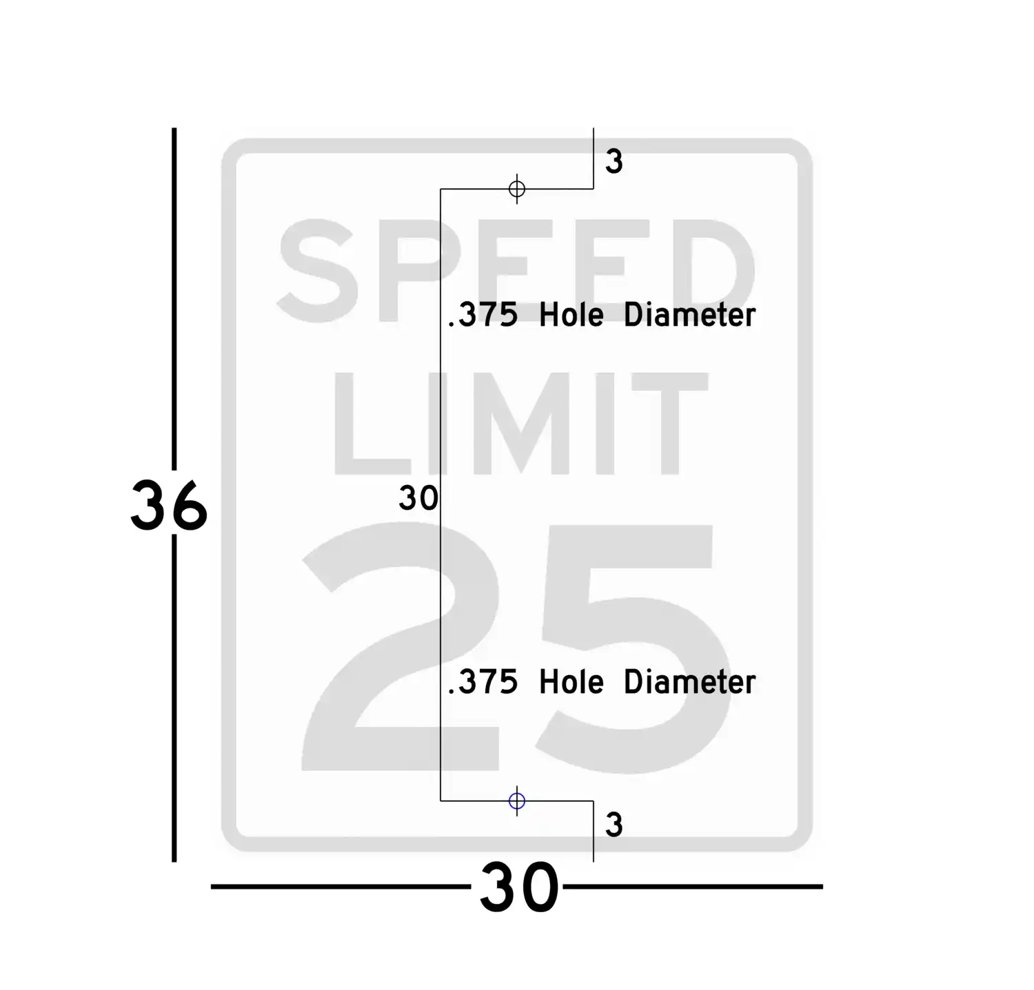 R2-1 30x36 sign showing predrilled mounting hole locations and spacing