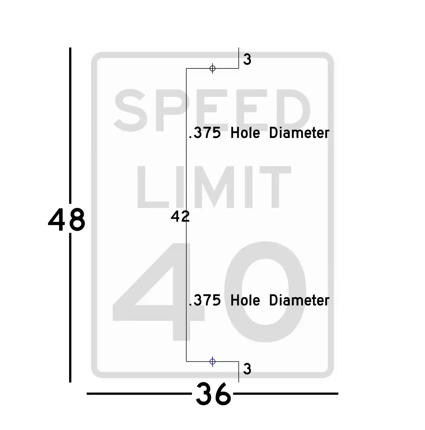 R2-1 36x48 sign showing predrilled mounting hole locations and spacing