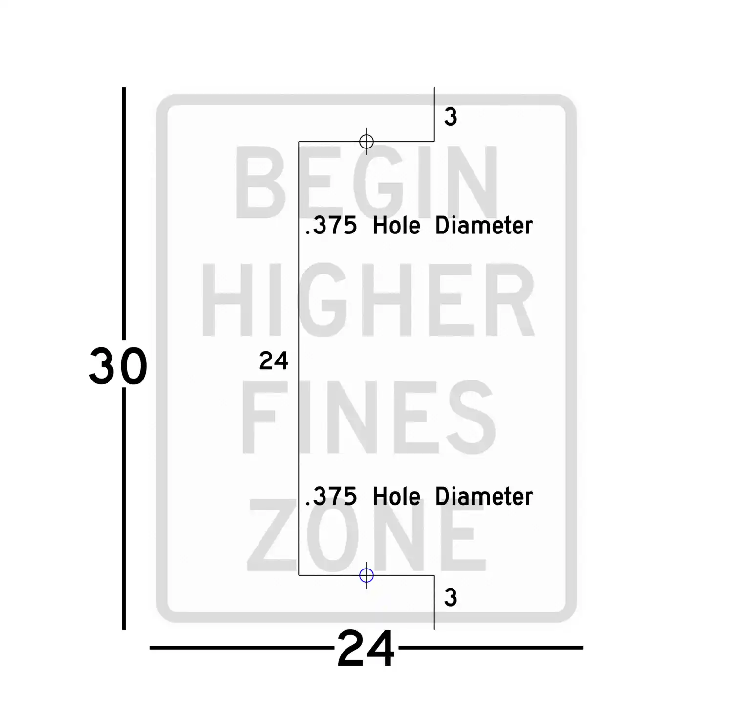 R2-10 24x30 sign showing predrilled mounting hole locations and spacing