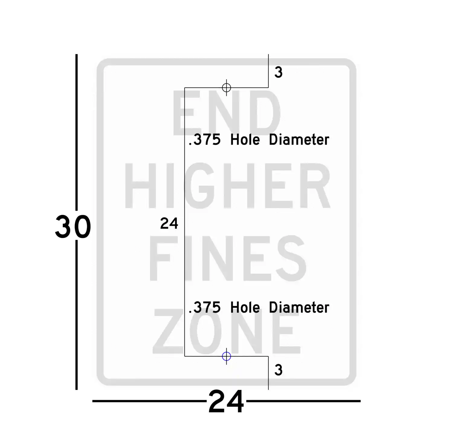 R2-11 24x30 sign showing predrilled mounting hole locations and spacing