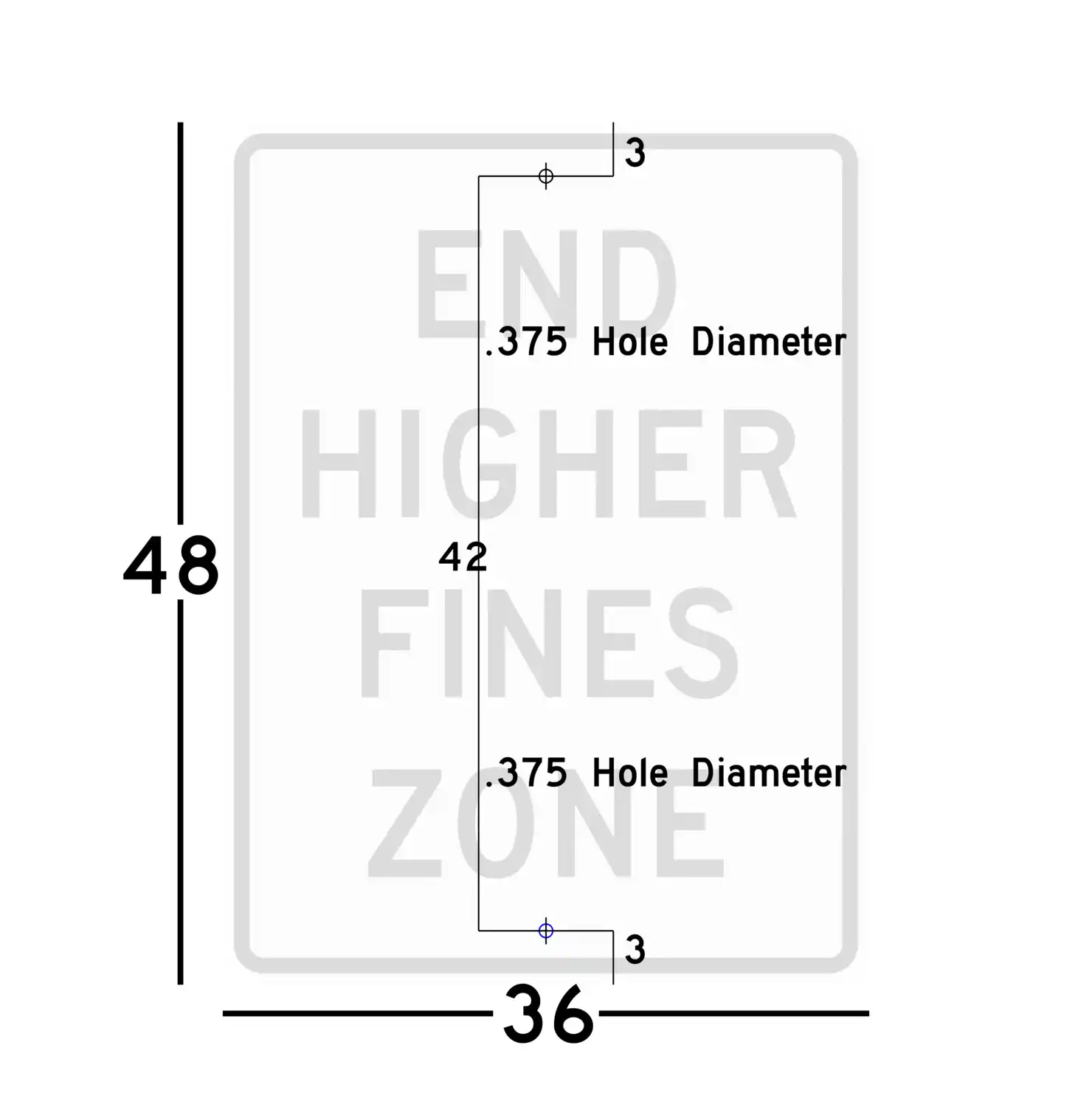 R2-11 36x48 sign showing predrilled mounting hole locations and spacing