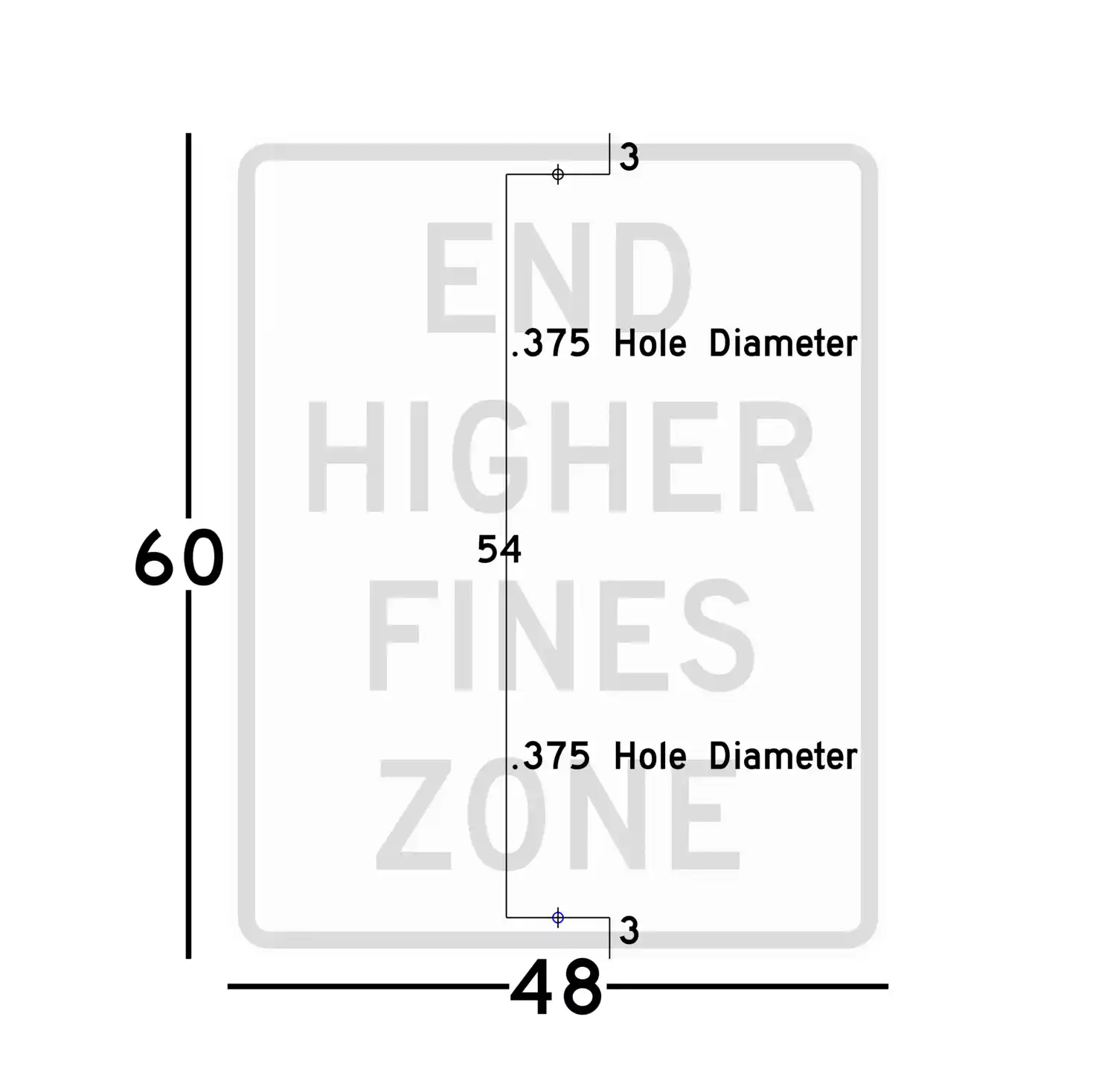 R2-11 48x60 sign showing predrilled mounting hole locations and spacing