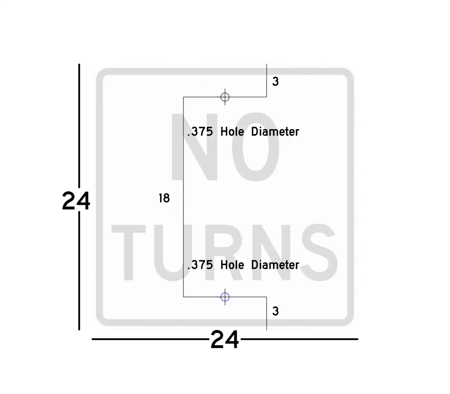 R3-3 24x24 sign showing predrilled mounting hole locations and spacing