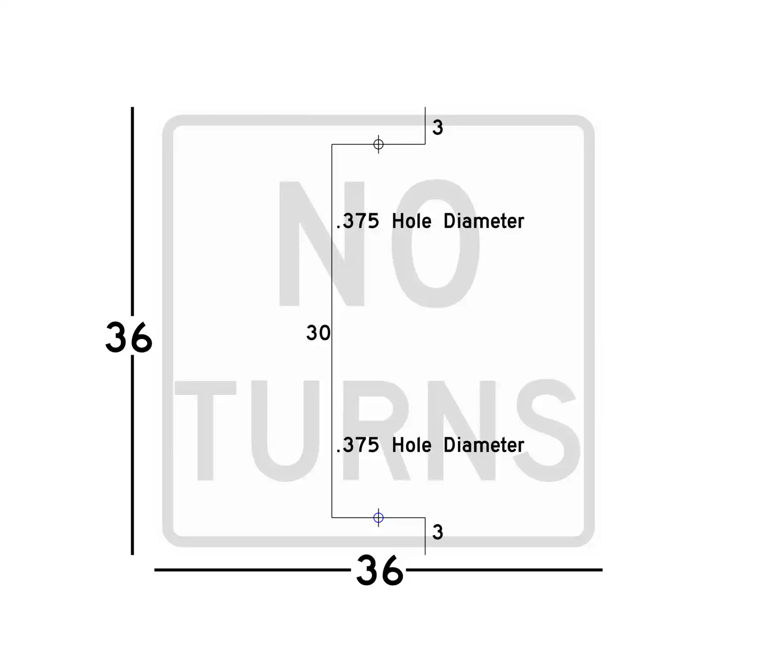 R3-3 36x36 sign showing predrilled mounting hole locations and spacing