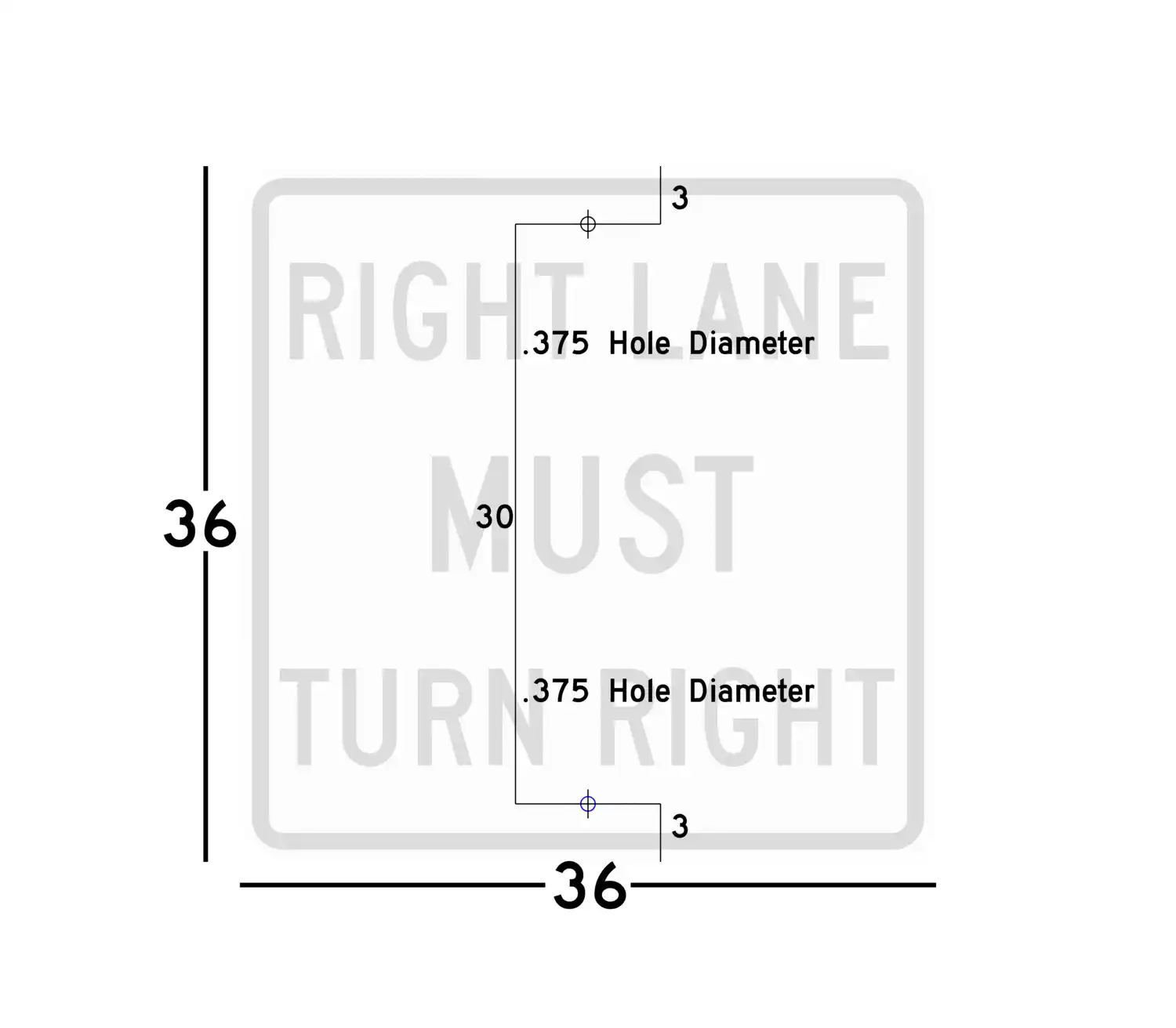 R3-7R 36x36 sign showing predrilled mounting hole locations and spacing