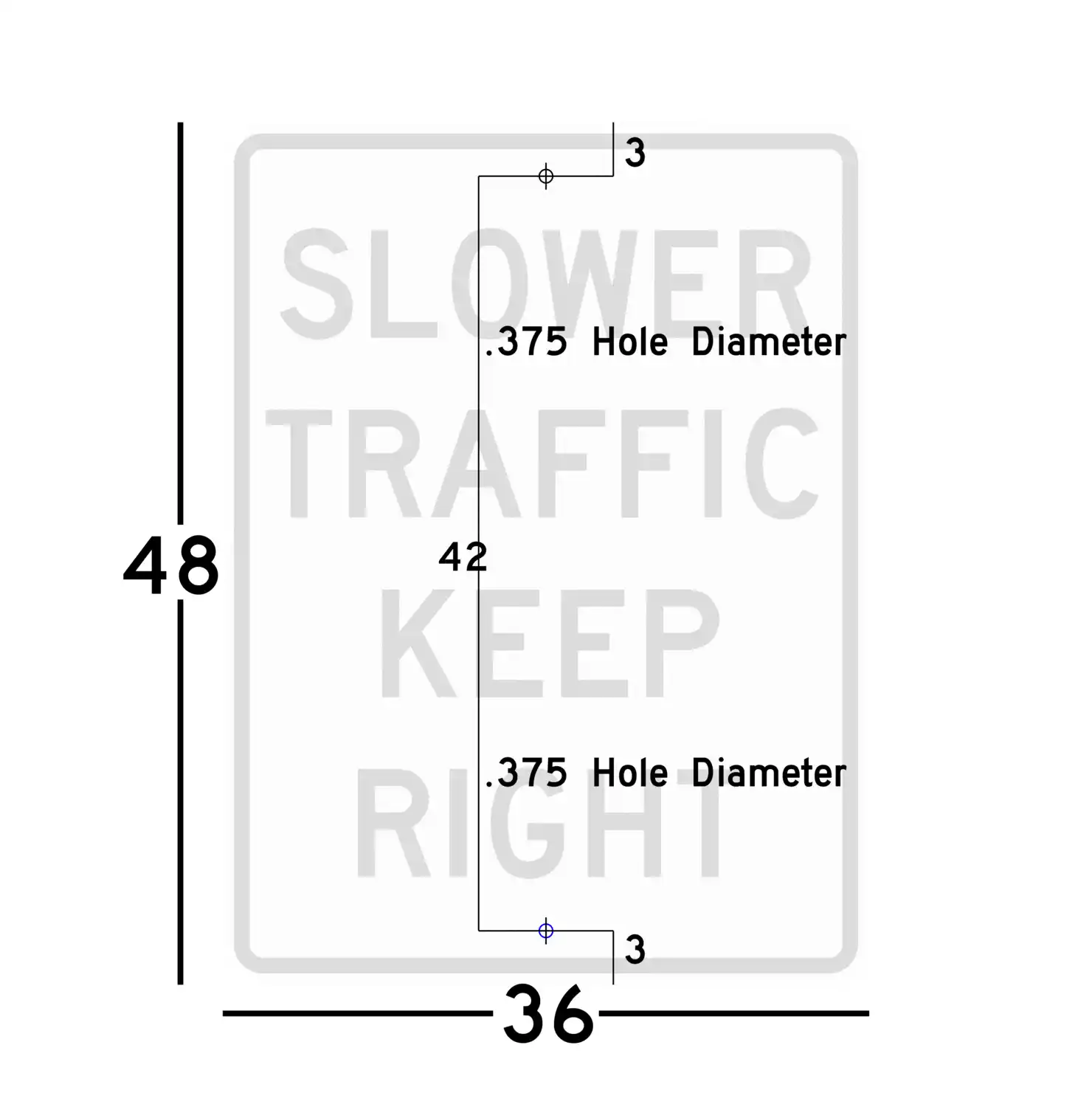 R4-3 36x48 sign showing predrilled mounting hole locations and spacing