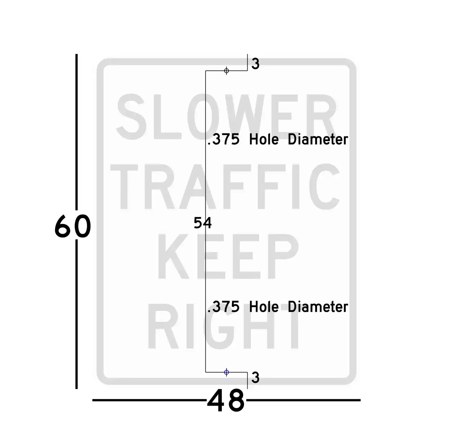 R4-3 48x60 sign showing predrilled mounting hole locations and spacing