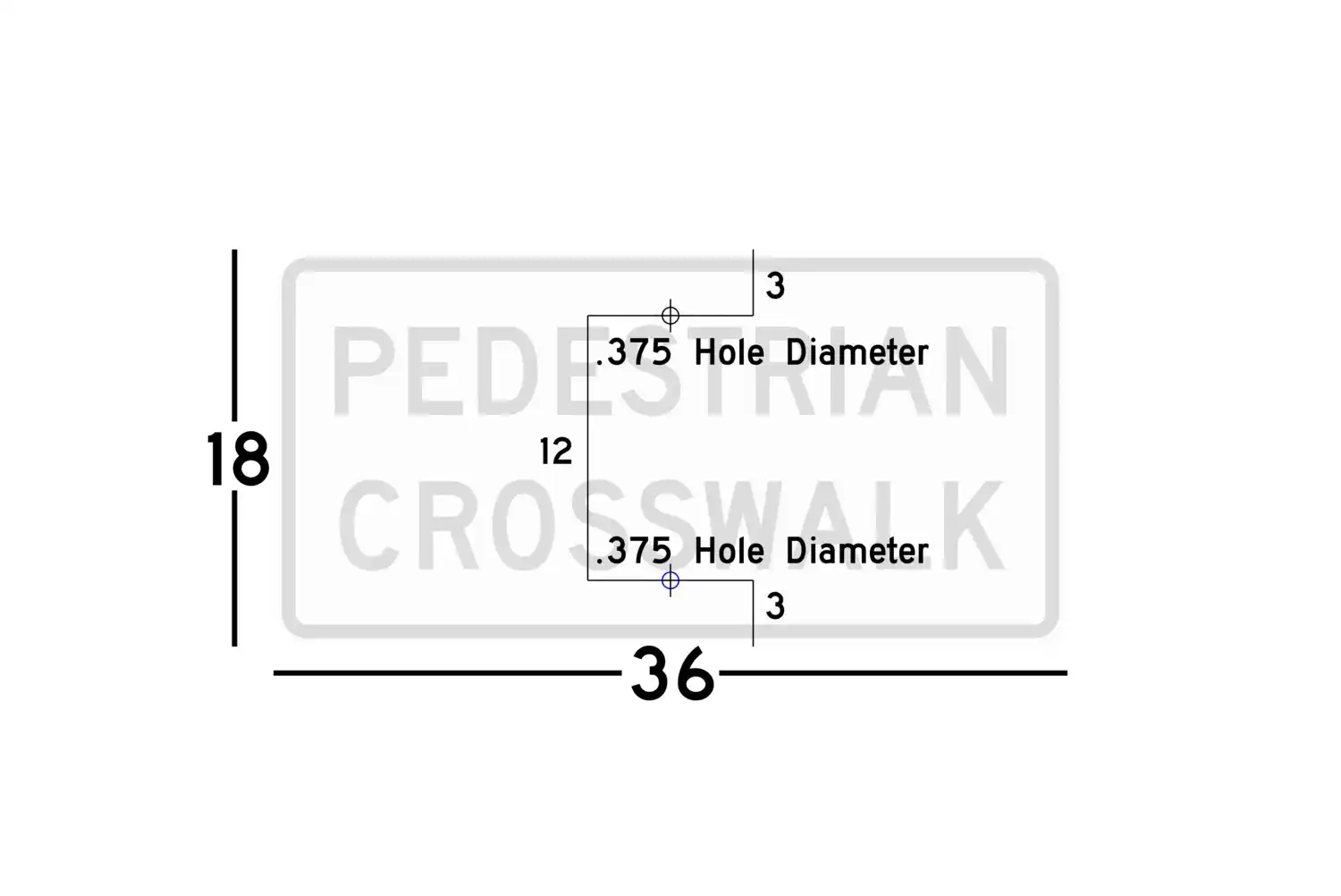 R9-8 36x18 sign showing predrilled mounting hole locations and spacing