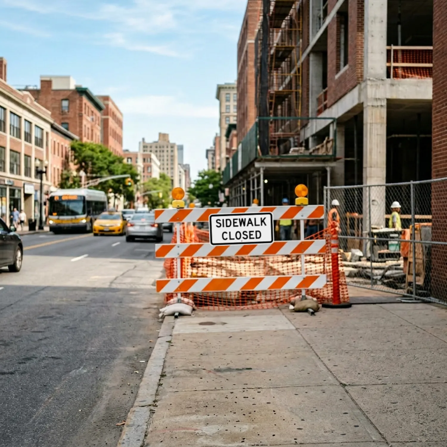 A sidewalk closed sign mounted on a type 3 barricade at the entrance to a construction area on a city street