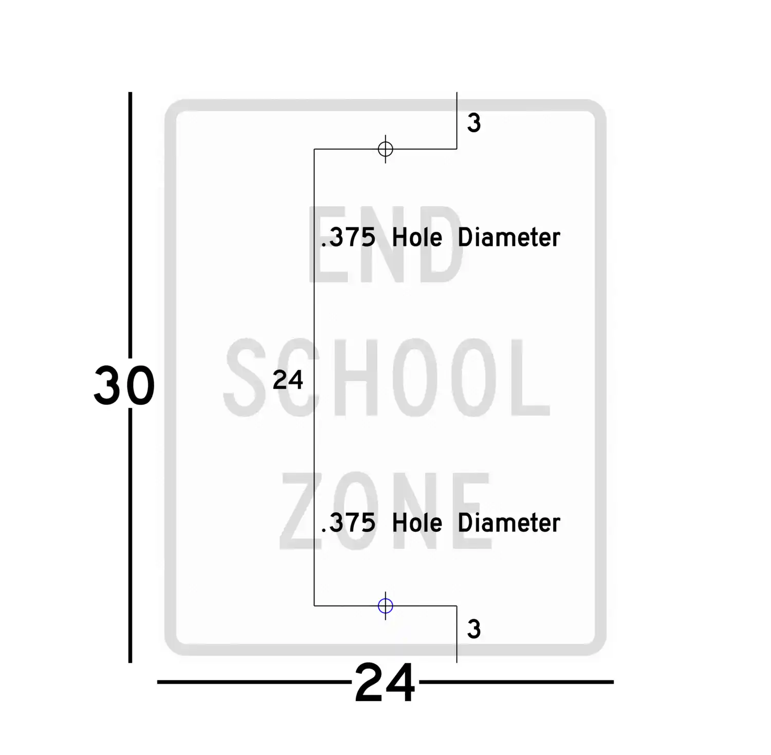 S5-2 24x30 sign showing predrilled mounting hole locations and spacing